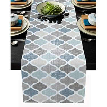 Imagem de Piedle Geometria Marrocos Quatrefoil Mesa de Mesa de Mesa - Forro de Algodão - Azul Verde Tablerunner para Cozinha Café/Jantar/Sofá/Final Mesa Quarto Casa Sala de estar, Cachecol Decoração para Jantar de Feriado, Moroccozld8962, 13x108 Inch