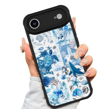 Imagem de AIGOMARA Capa feita para iPhone Air [compatível com MagSafe] design de padrão de colagem de tartaruga azul concha oceano para mulheres meninas homens TPU macio hack PC traseira protetora à prova de