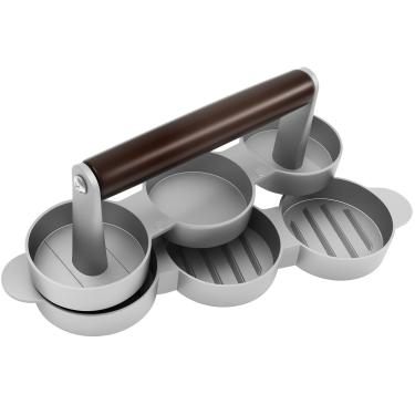 Imagem de LYIYEYAN Máquina de hambúrguer de metal de 3 cavidades para churrasqueira e churrasco - Prensa de hambúrguer de liga de alumínio resistente de 6,3 cm com alça de madeira, molde compacto para bolos de