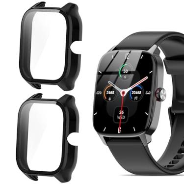 Imagem de IDW28 Capa para relógio inteligente, capa rígida de policarbonato Lamshaw com protetor de tela de vidro temperado com plugue de silicone antipoeira compatível com SOUYIE, Fitpolo, Tensky, Yoever, Aeac