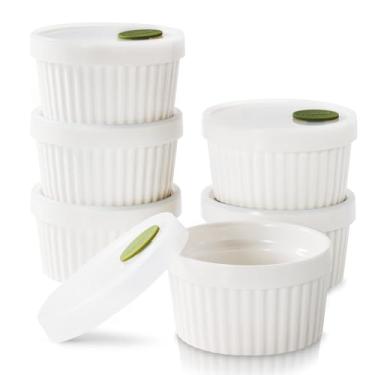 Imagem de DOWAN Ramequins com tampas, 170 g, creme brulee ramiken seguro para forno, tigelas de cerâmica, pratos de suflê, copos de creme, tábuas de charcutaria, tigelas de molhos, conjunto de 6, branco