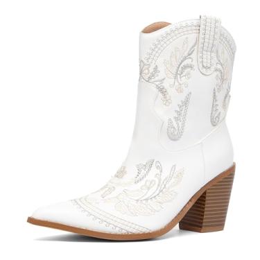 Imagem de NEWBELLA Botas femininas de cano curto cowgirl – Botas bordadas ocidentais com bico fino e salto grosso para moda country, Branco, 8.5