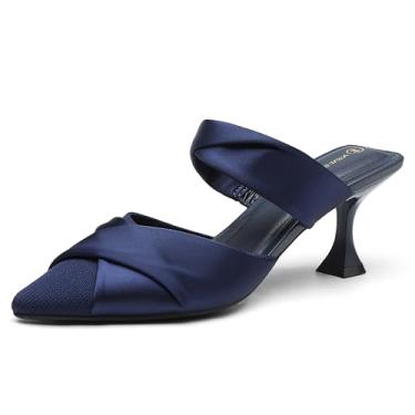 Imagem de NEWBELLA Mules femininas bico fino salto gatinho - sandálias elegantes de salto sem cadarço, sapatos sociais de salto baixo para escritório, casamento e noite, Fita azul, 39