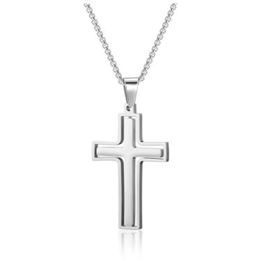 Imagem de Zysta Colar de cruz giratória para homens, prata, preto, ouro, aço inoxidável, pingente de cruz simples, crucifixo inspirador, colar de fé para homens, corrente de caixa de 61 cm, Metal, Sem Pedra