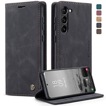 Imagem de Phernykas Capa carteira flip para Samsung Galaxy S23 5G, capa fólio magnética de couro com suporte para cartão, suporte durável - capa protetora de telefone TPU à prova de choque - preta