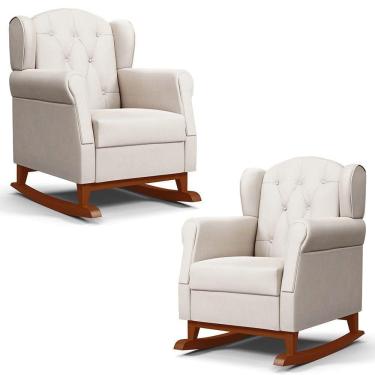 Imagem de Kit 02 Poltronas de Amamentação Base de Madeira Balanço Lucy P04 Suede Bege - Mpozenato