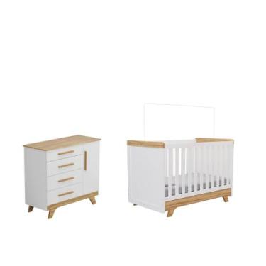Imagem de Quarto Bebe Berço e Cômoda Moveis Peroba Retro MDF LS, Branco Amêndoa