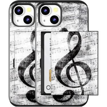 Imagem de MUQR Capa compatível com iPhone 15 Plus com porta-cartão fofo - Capa tipo carteira robusta com design Kawaii, proteção contra quedas de grau militar (nota musical preta musical)