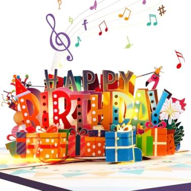 Imagem de Flamingo Neon Music Tocando Cartão Pop Up Happy Birthday com luz LED, presente de amor para adultos e crianças com nota e envelope em branco, celebração para filha, filho, mãe, pai