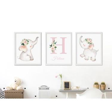 Imagem de Quadro Infantil Menina Elefante Personalizado com Nome - Kit com 3 Mol