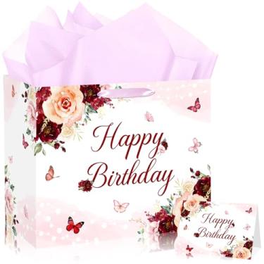 Imagem de JORHANCE Sacos de presente floral bordô com papel de seda e cartão de aniversário - Bolsa grande de feliz aniversário para mulheres, bolsa de regalo para mulheres, decoração de cumpleaños para