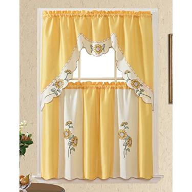 Imagem de Muito girassol. Conjunto de cortina para café de cozinha com 3 peças, saia e conjunto de cortinas. Lindo bordado de girassol de cor combinando. (amarelo)