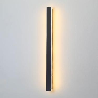 Imagem de Luminária de parede linear preta moderna LED longa arandela para cima e para baixo luminária de parede externa minimalista à prova d'água iluminação de varanda retangular esbelta aço inoxidá