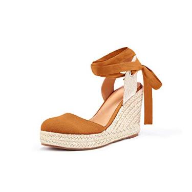 Imagem de Sandálias femininas tipo alpargata, bico fechado, com cadarço, plataforma no tornozelo, sapatos casuais de verão, Marrom, 38