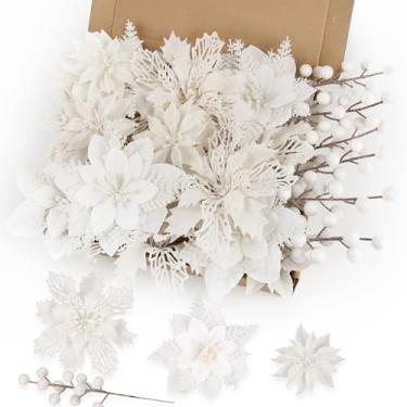 Imagem de N&T NIETING Kit de 24 peças de flores artificiais de poinsétia de Natal e hastes de bagas com glitter, decorações de árvore de Natal, palitos florais, enfeites de enchimento de árvore de Natal para