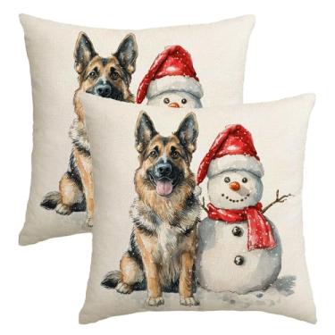 Imagem de Capas de almofada de Natal 45,7 x 45,7 cm, conjunto de 2 capas de almofadas decorativas rústicas de pastor alemão e boneco de neve, decoração de férias de inverno para sofá