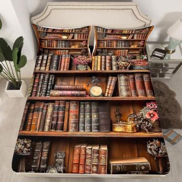 Imagem de Feelyou Jogo de lençol solteiro, vintage, com estante de livros, para meninos, meninas, adolescentes, floral, respirável, retrô, para decoração de quarto