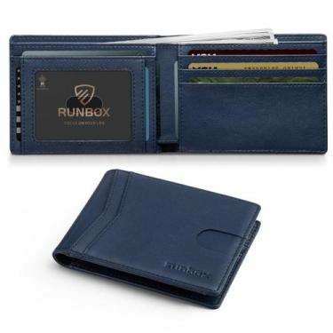 Imagem de Carteira RUNBOX para homens de couro fino com duas dobras com bloqueio