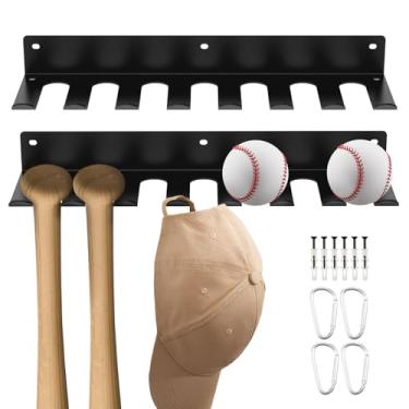 Imagem de 2 peças de suporte de taco de beisebol montado na parede de aço carbono cabide de exibição de taco de beisebol com 4 mosquetões de metal rack de armazenamento de equipamentos esportivos para parede de