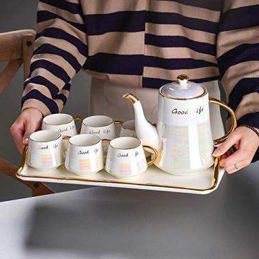 Imagem de Conjunto de chá de porcelana conjunto de chá da tarde serviço caneca de café conjunto de chá com bule de chá 6 xícaras bandeja de servir serviço de chá de casamento para adultos