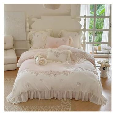 Imagem de Conjunto de cama romântico com babados de renda francesa, bordado de flores rosas, felpudo, quente, veludo, veludo, capa de edredom (lençol ajustado rosa ESTILO_QUEEN)