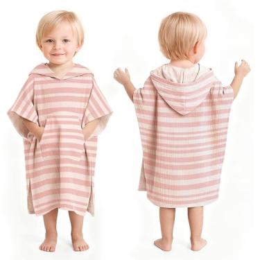 Imagem de Konssy Poncho de toalha de banho com capuz grosso para crianças - roupão de banho de algodão macio e absorvente, perfeito para banho e natação (rosa)