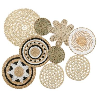 Imagem de HJJWNDDNG Pacote com 9 cestas de parede Boho conjunto de decoração de parede de alga marinha tecido para pendurar em vime de vime boêmio, cestos redondos para pendurar na parede de casa de fazenda