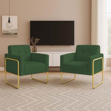 Imagem de Poltrona Sala Industrial Alta Tubo Dourado Kit 2 Elisa Suede Verde D03 - D'Rossi
