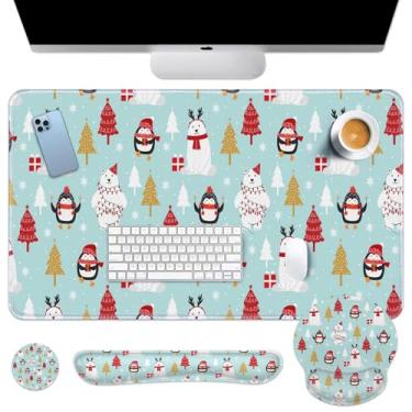 Imagem de Britimes Conjunto de mouse pad de Natal pinguim pinheiro urso polar 4 em 1 grande mousepad teclado descanso de pulso + mouse descanso de pulso + conjunto de porta-copos com design ergonômico para