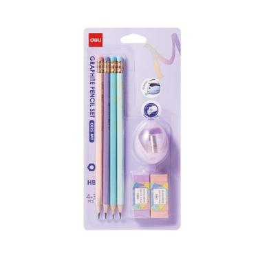 Imagem de Kit Macaron 4 lápis HB + 2 borrachas + 1 apontador Deli