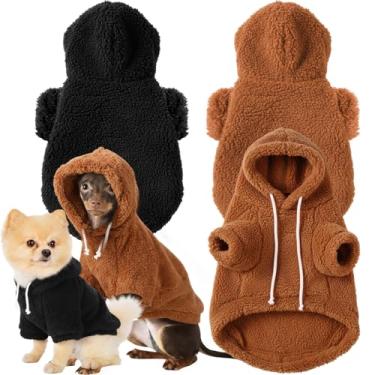 Imagem de Reginary 2 peças de moletom com capuz para cachorro de inverno quente macio moletom de pelúcia para cachorrinhos e gatos (pequeno, preto e marrom)