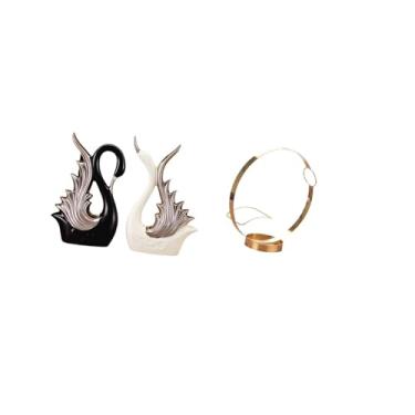 Imagem de Fenteer Estatuetas de Cisne de Cerâmica E Suporte de Garrafa de Vinho de Ferro, Escultura, Ornamento de Mesa para Prateleira, Aniversário, Lareira, Prateleira