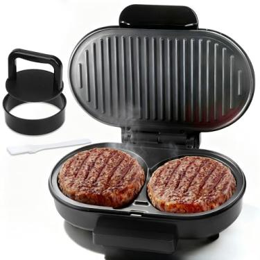 Imagem de FineMade Mini churrasqueira dupla, sanduicheira de café da manhã, hambúrguer, prensa de hambúrguer, churrasqueira Panini, churrasqueira elétrica pequena, ideal para fazer café da manhã, almoço e