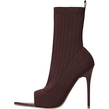 Imagem de Botas femininas femininas elásticas peep toe sexy alto, Café, 9.5