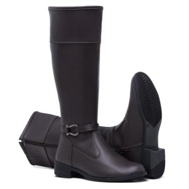 Imagem de Bota Montaria Feminina Cano Alto, Couro Sintético, Antiderrapante, Salto Quadrado, Zíper Lateral, Moderna (Marrom, Padrão BR, BR, Adulto, Numérico, 39)