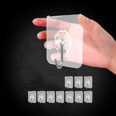 Imagem de Pacote com 10 ganchos de parede adesivos para pendurar ganchos de toalha resistentes à prova d'água gancho transparente para banheiro chuveiro chaves de cozinha porta ao ar livre gancho utilitário