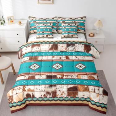 Imagem de Feelyou Conjunto de edredom geométrico azul do sudoeste asteca tamanho casal com lençol para meninos e meninas, crianças, estampa de pele de vaca, caubói ocidental, rústico, tribal, 7 peças, decoração