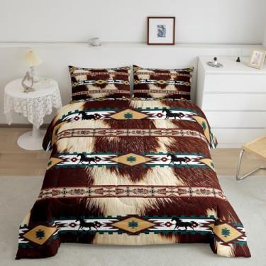 Imagem de Feelyou Conjunto de edredom asteca ocidental de couro bovino com estampa retrô de pele de vaca com 2 fronhas, boêmio, rústico, casa de fazenda, roupa de cama exótica, geométrico, decoração de quarto