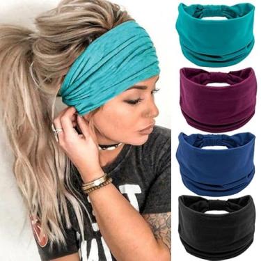 Imagem de Bandanas de transpiração para mulheres, faixa de cabeça ultra-larga elástica respirável para absorção de suor para ioga, fitness, corrida esportiva (azul)
