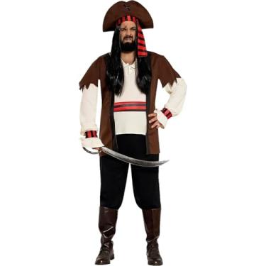 Imagem de Fantasia Plus Size Masculina Roupa de Pirata Cosplay Halloween Festa e Carnaval com Chapeu e Sobre Bota (Bege e Marrom, GG 50-52)