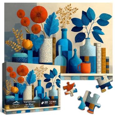 Imagem de PICKFORU Geometric Vase Jigsaw Puzzles 1000 Pieces, Book Plant Puzzles for Adults, Blue Art Polka Dots Bohemian Theme as Wall Decor