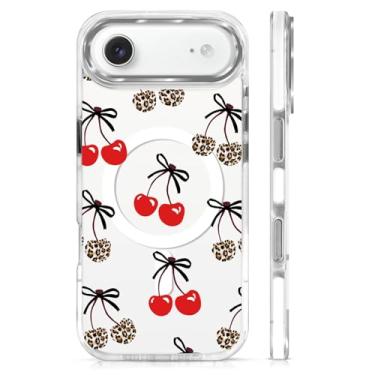 Imagem de OKBUOK Capa para iPhone 17 Air [compatível com Magsafe], capa magnética transparente de silicone à prova de choque com estampa de leopardo fita preta cereja preta