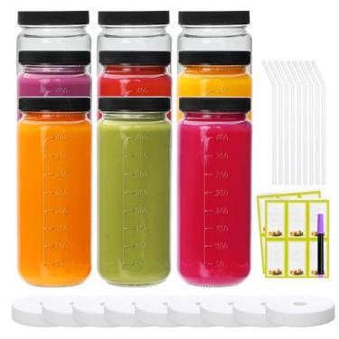Imagem de Encheng Garrafas de vidro de 473 ml com tampas, 9 frascos reutilizáveis com tampas e canudos, copo redondo transparente para sucos, kombucha, água, leite, viagens