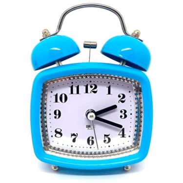 Imagem de Relógio Despertador Retrô, Azul, Material em Ferro/ABS, 12.5x8.5x4.4cm, Formato Quadrado, Alimentado por Pilha AA, com Luz LED, Som Mecânico, Modelo ZB-2015