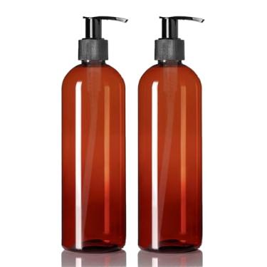 Imagem de ljdeals Garrafas de plástico âmbar de 473 ml com bombas, dispensador de sabonete, recipientes finos e altos recarregáveis para xampu, loção, creme e mais... Pacote com 2, sem BPA, feito nos EUA
