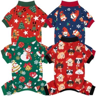 Imagem de XPUDAC Pacote com 4 pijamas de Natal para cães, roupas elásticas para cães pequenos, médios, meninas, meninos, Natal, filhotes, macacões para animais de estimação, fantasia de inverno, PP