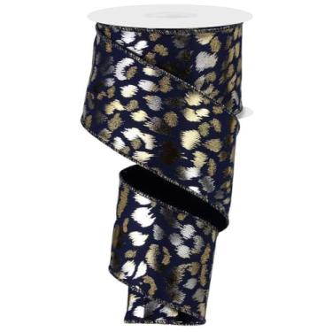 Imagem de Fita com fio de estampa de leopardo com glitter e manchas metálicas para árvores de Natal temáticas de guepardo, grinaldas, presentes, artesanato, laços (azul marinho, ouro, prata, 6,3 cm x 10 jardas)