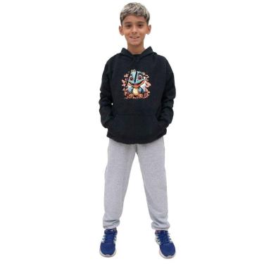 Imagem de Conjunto Moletom Canguru Infantil Menino Estampa Dinossauro Com Calça Lisa Basica Dia a Dia