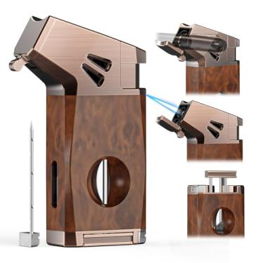 Imagem de Isqueiro All-in-1 Ferramenta integrada, perfurador, suporte, realçador de desenho, chamas triplas ajustáveis (sem gás butano), (grão de madeira) (WoodGrian)