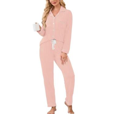 Imagem de Conjunto de pijama feminino Evaimizill, manga comprida, rosa com botõe
